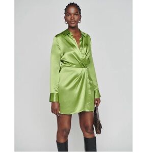 Reformation Satin Wrap Mini Dress in Lime Green